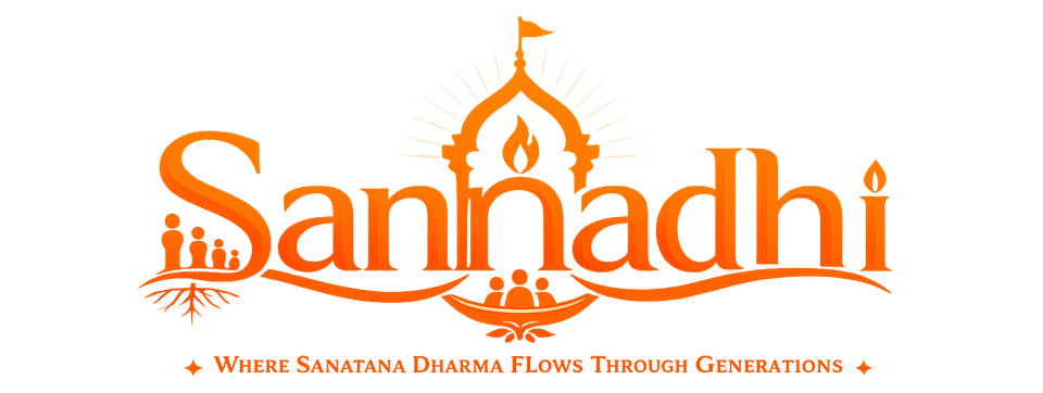 Sannadhi — a temple gateway with a diya flame. Where Sanatana Dharma flows through generations.